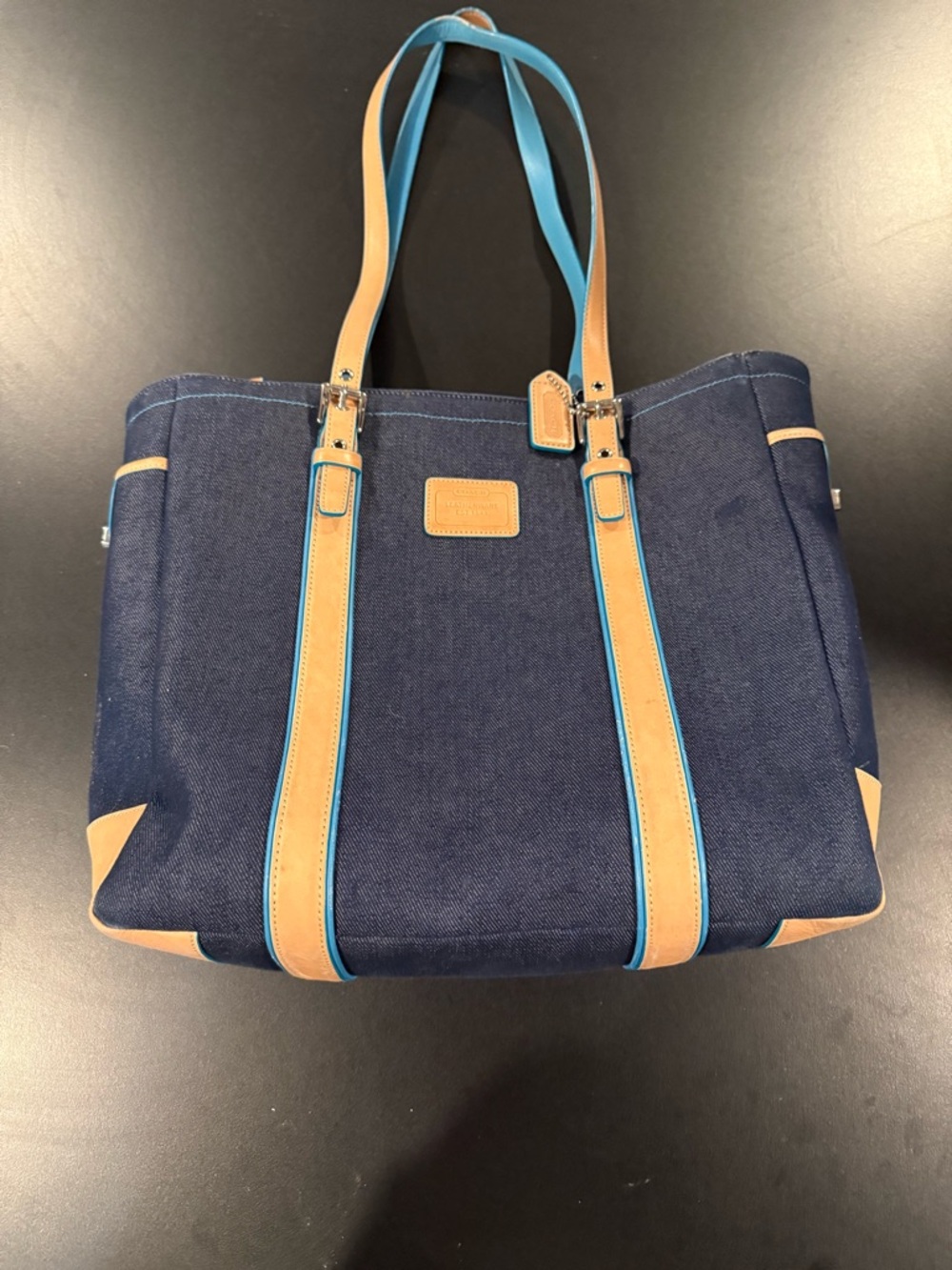 Coach Navy Denim Shoulder Tote with Tan & Turquoise Leather trim.